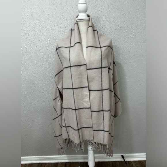 Madewell Check Cape Scarf Fringed Long Wrap Shawl Cape Wrap Neutral NEW Wool - Picture 1 of 7